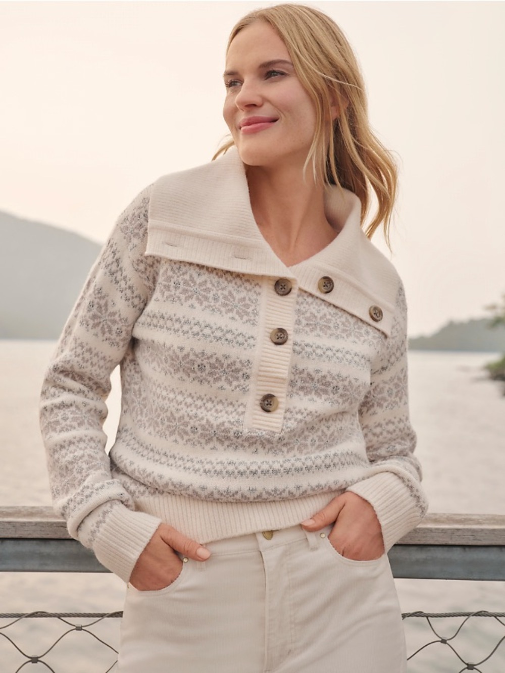 NWT Ann Taylor Weekend Fair Isle Polo Collared Pullover Sweater Cream Large